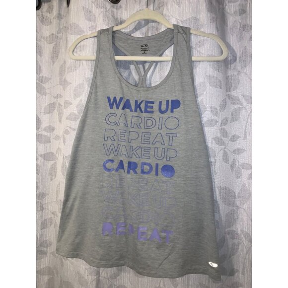 Champion Womens Grey Racerback Sleeveless Tank Top - Wake Up Cardio Repeat Print - Picture 1 of 3